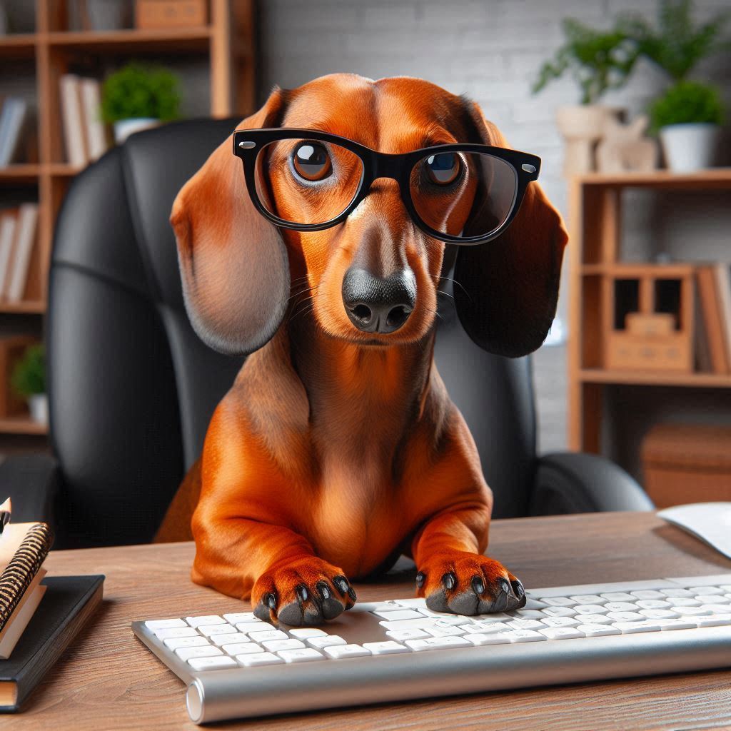 Hund sitzt vor PC und füllt das Formular aus